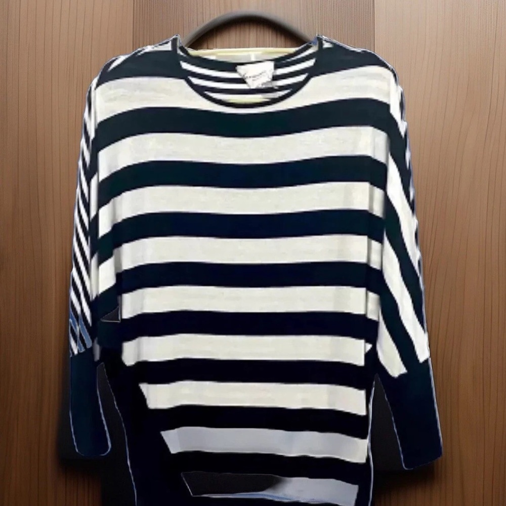TWO VINCE CAMUTO Blouse Womens Small Black White Striped 3/4 Dolman Sleeve Top
